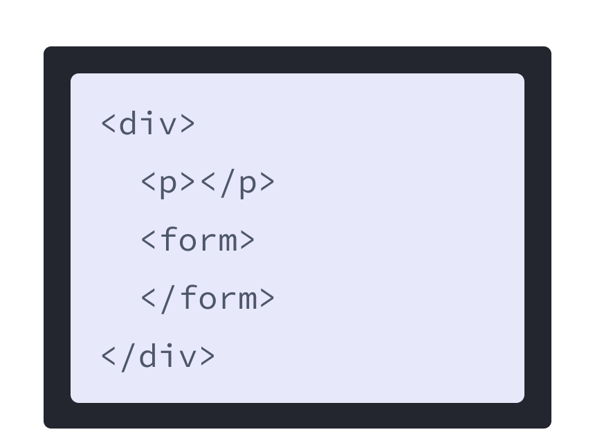 ترميز HTML بخلفية بنفسجية و div يحتوي على علامتي p و form كطفلين له.